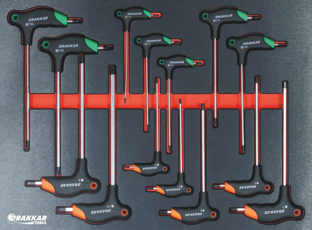 Module mousse finition métal - Tournevis avec poignée en T Hex/Torx® - 14 pièces - Drakkar Tools 84266